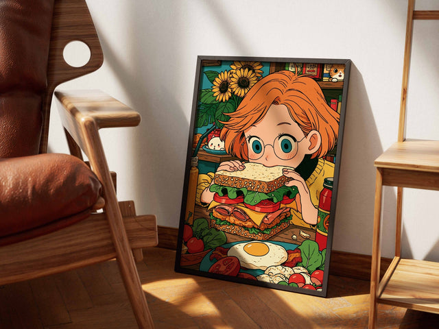 Big Bite framed art beside a leather chair