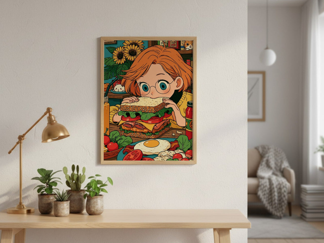 Big Bite framed art above a console table