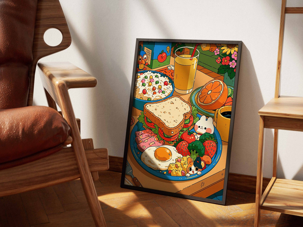Breakfast Spread framed art beside a leather chair