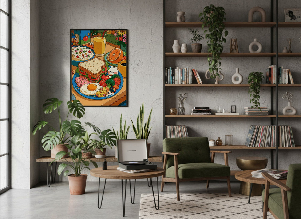 Breakfast Spread framed art in a modern living room