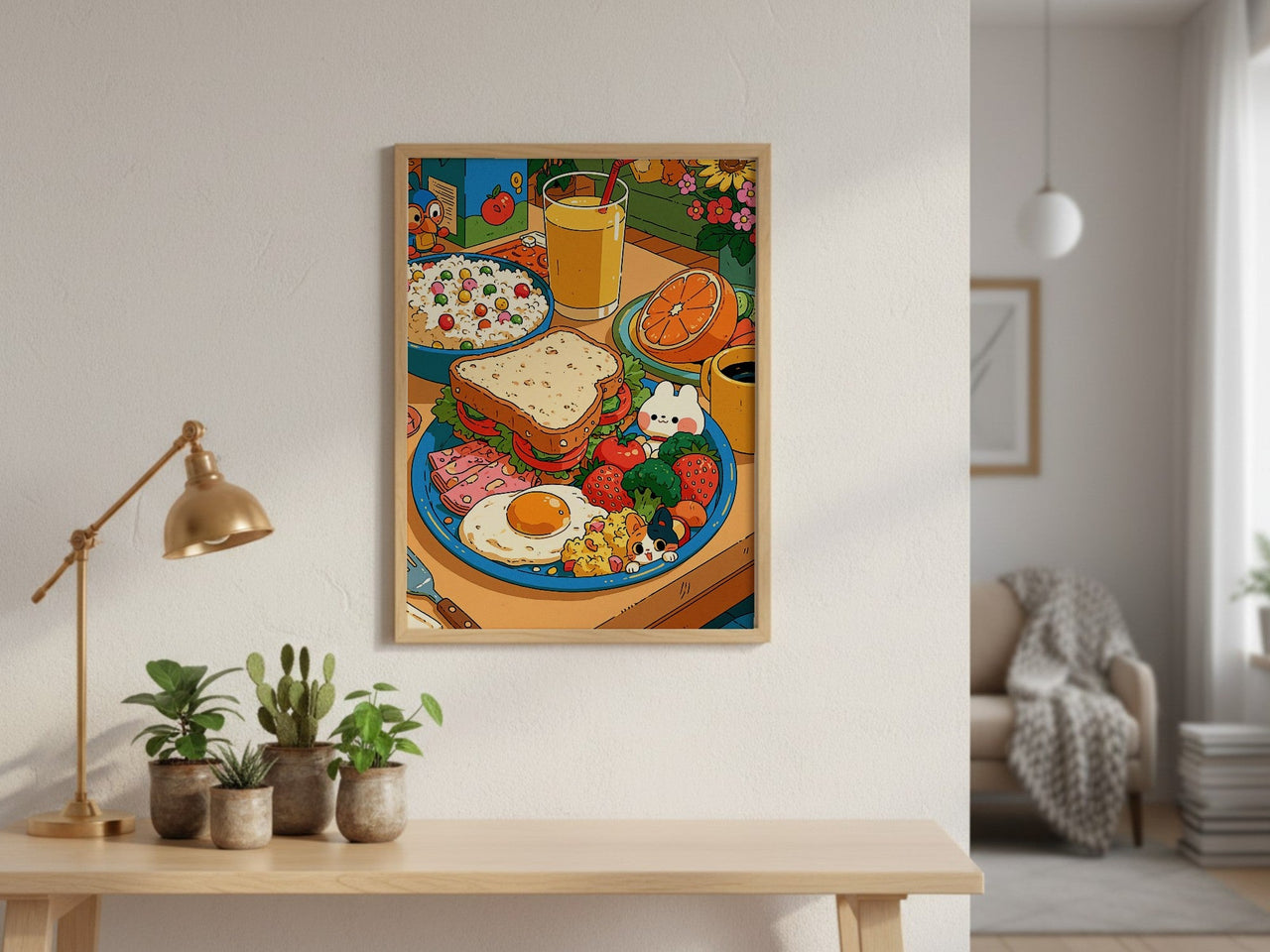 Breakfast Spread framed art above a console table