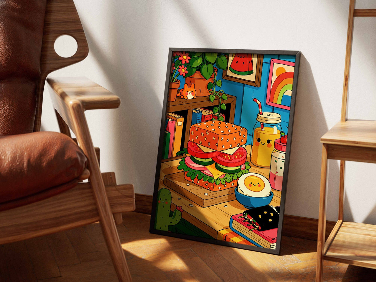Lunch Break framed art beside a leather chair
