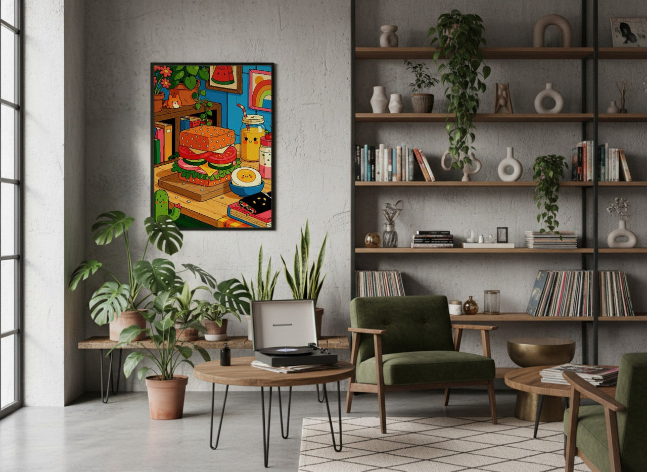 Lunch Break framed art in a modern living room