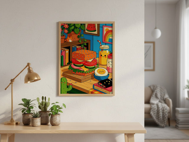 Lunch Break framed art above a console table