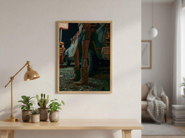 Night Stop framed art above a console table