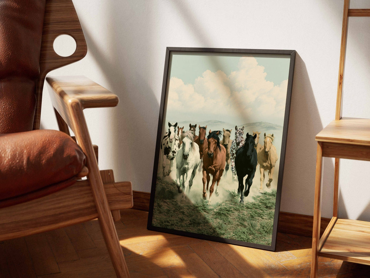 Running Wild framed art beside a leather chair