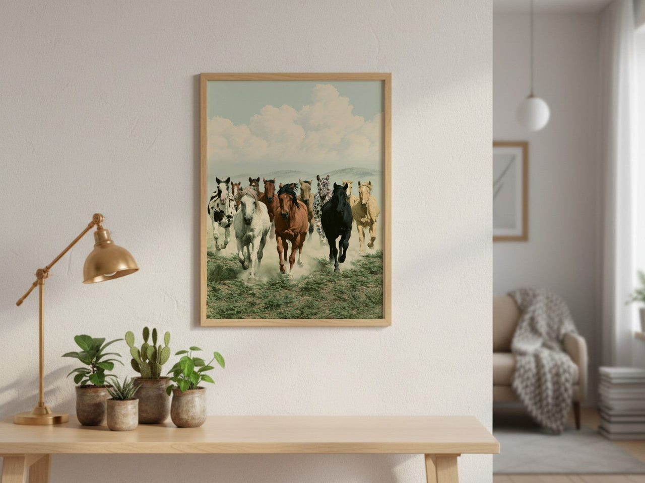 Running Wild framed art above a console table
