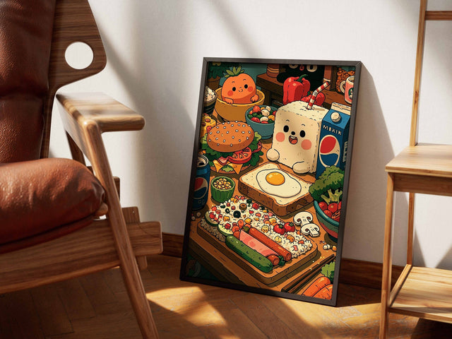 Second Breakfast framed art beside a leather chair