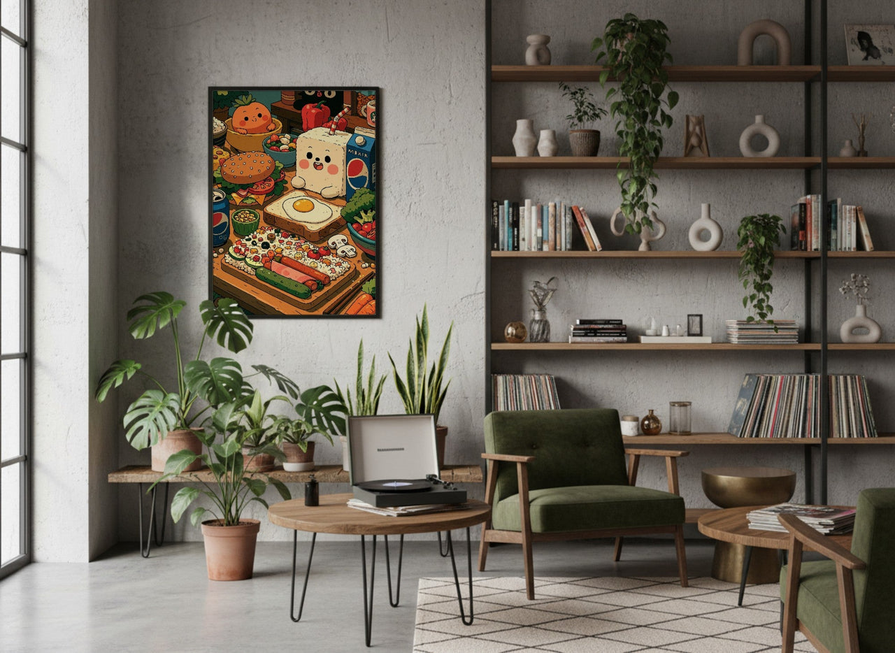 Second Breakfast framed art in a modern living room
