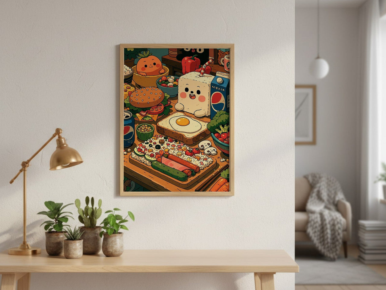 Second Breakfast framed art above a console table