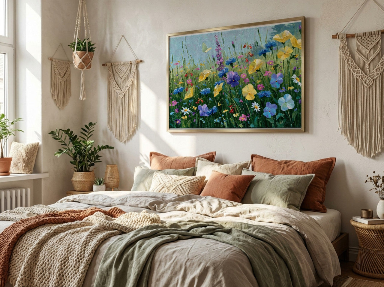Wildflower Meadow framed wall art in a warm bedroom