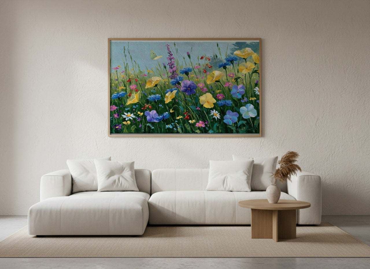 Wildflower Meadow framed wall art in a bright living room