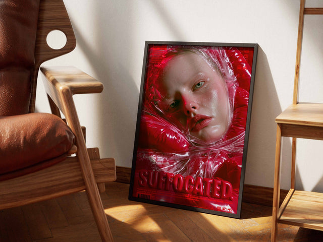 Wrapped framed art beside a leather chair