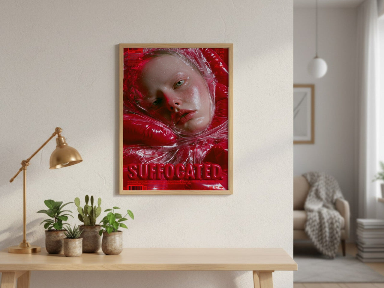 Wrapped framed art above a console table